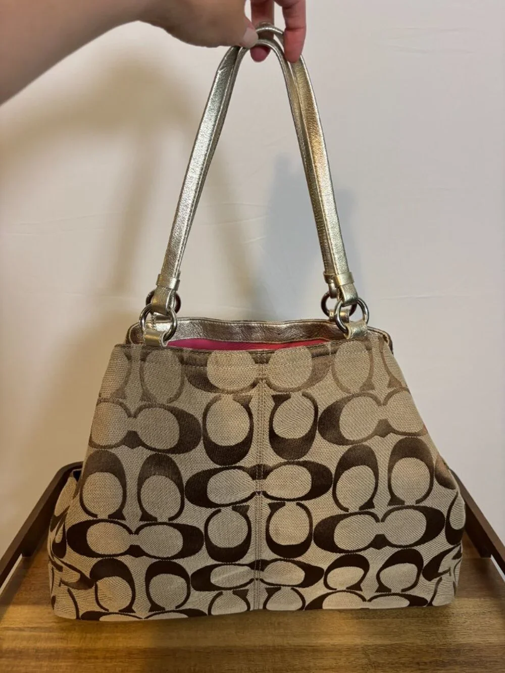 Coach Gabby Signature Khaki Metallic Gold XL Tote